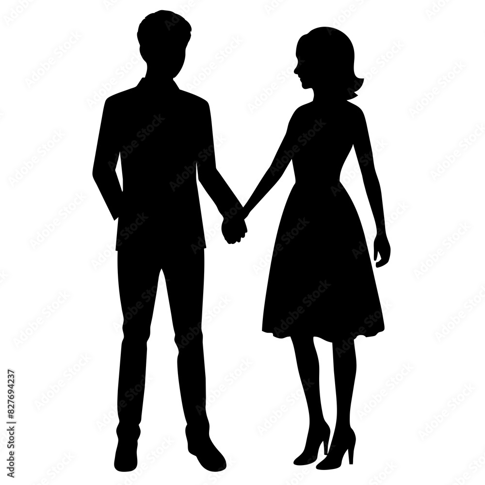 Silhouette illustration of a realistic young couple standing side by side. Silhouette illustration of a realistic young couple standing side by side.