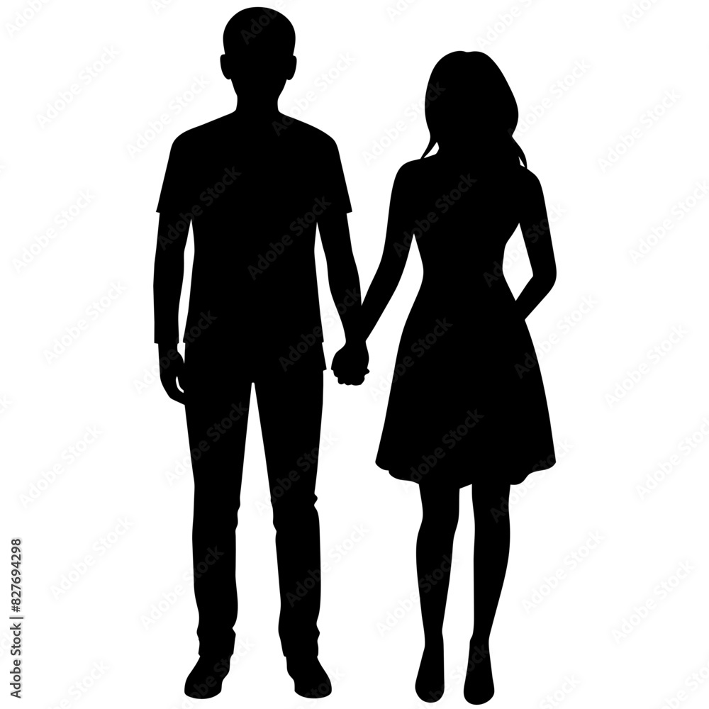 Silhouette illustration of a realistic young couple standing side by side. Silhouette illustration of a realistic young couple standing side by side.