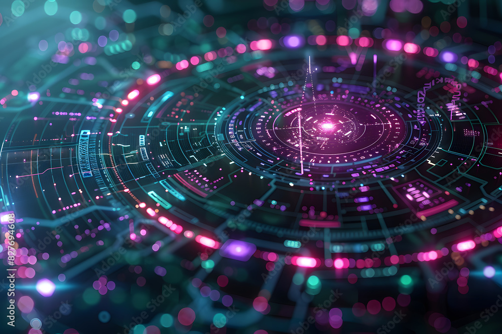 Background with technological digital data interface elements - schematics, chains, and numbers. The color palette with cool shades of blue, purple, green and gray, modern and technological look Background with technological digital data interface elements - schematics, chains, and numbers. The color palette with cool shades of blue, purple, green and gray, modern and technological look