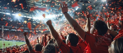 group of football fans wearing red t-shirt cheering , celebrating victory, united together, winning football cup or league trophy photo