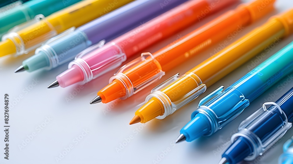 Fototapeta premium a set of beautifully arranged highlighter pens, centered with sharp detail and a clean white background.