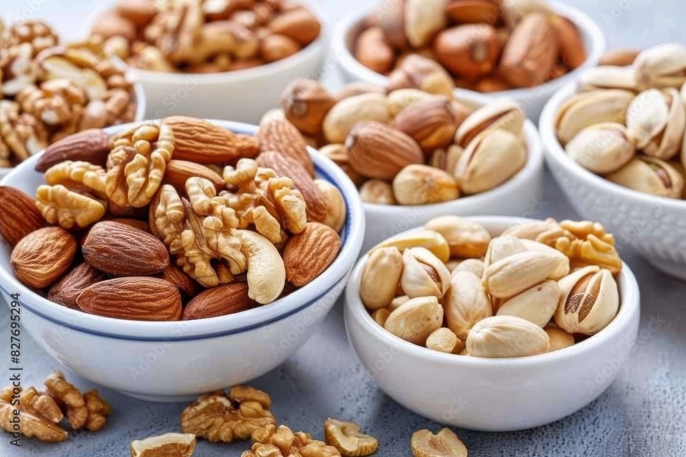 Assorted nuts in white bowls on a rustic background, symbolizing healthy snacks and natural food Assorted nuts in white bowls on a rustic background, symbolizing healthy snacks and natural food