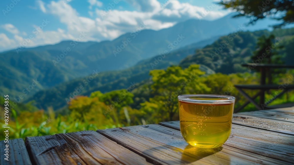 Refreshing Morning Brew With A Panoramic View Of The Mountains. Generative AI Refreshing Morning Brew With A Panoramic View Of The Mountains. Generative AI