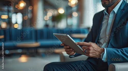 The businessman utilizes a tablet to access customer network technology for CRM, HR management, customer service, and recruitment purposes photo