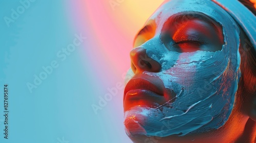 Close-up of person with facial mask under vibrant lighting  showcasing skincare routine and relaxation.