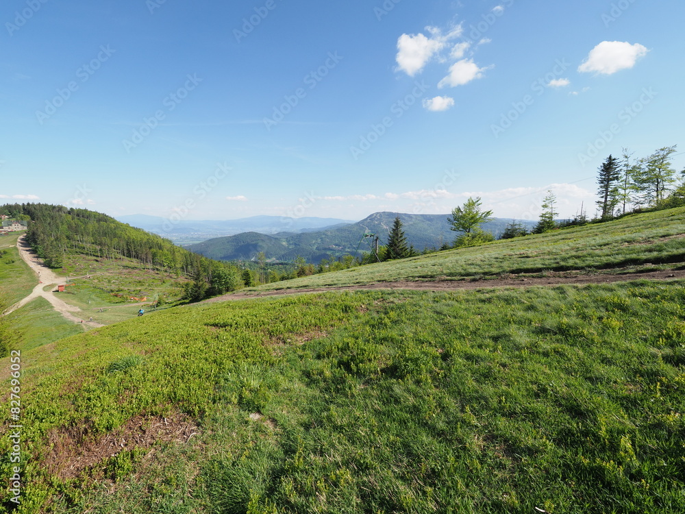 Obraz premium View of Klimczok mount 1117 m in Silesian Beskids near European Bielsko-Biala city in Poland