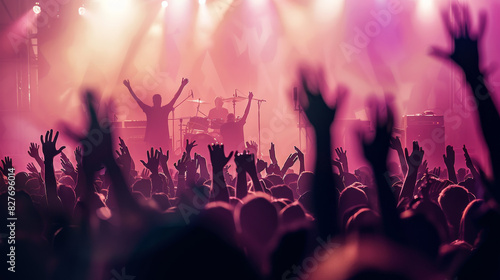 A vibrant crowd enjoying a live concert with colorful stage lights and dynamic atmosphere. © PhotoRK