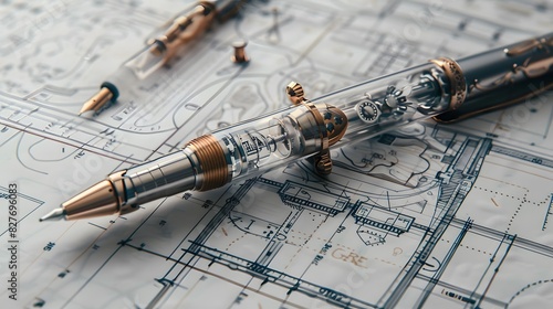  a detailed view of a retractable pen mechanism, centered with intricate details on a plain background. 
