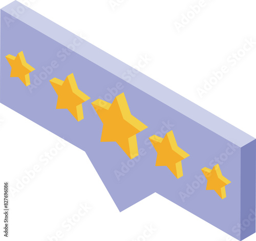 Isometric view of a purple block with five yellow stars, denoting a customer review score