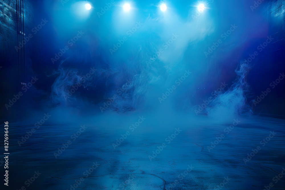 The dark stage shows, blue background, an empty dark scene, neon light, spotlights The asphalt floor and studio room with smoke float up the interior 