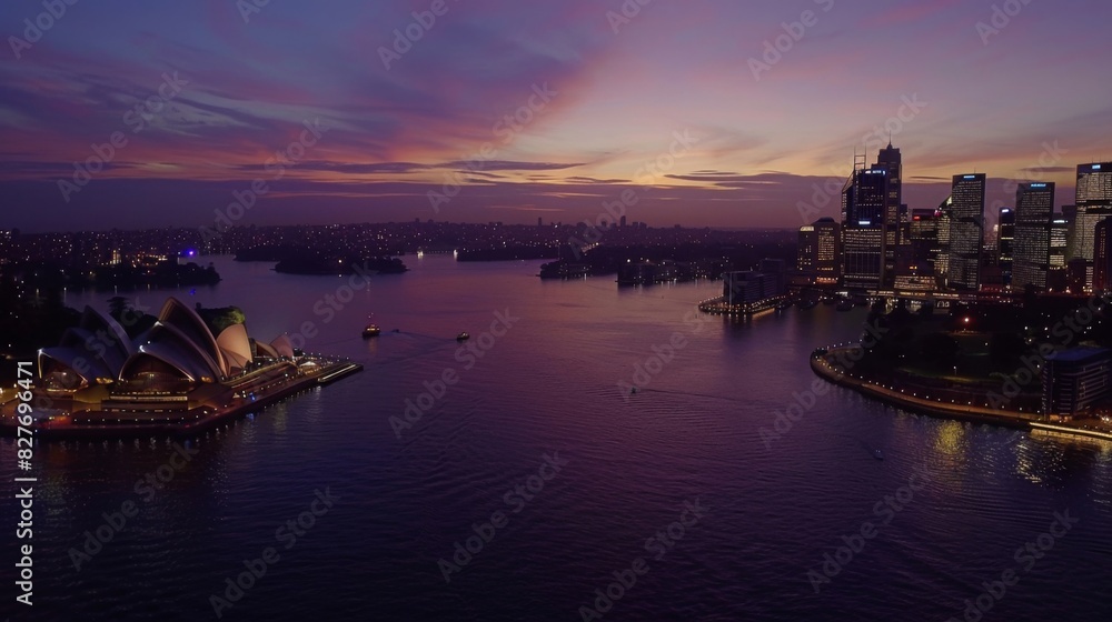 Naklejka premium imagine a breathtaking aerial view of Sydney's skyline at dusk, with the city lights reflecting off the harbor and the iconic Opera House in the background --ar 16:9 --style raw 
