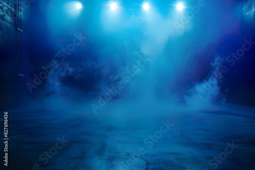 The dark stage shows  blue background  an empty dark scene  neon light  spotlights The asphalt floor and studio room with smoke float up the interior 