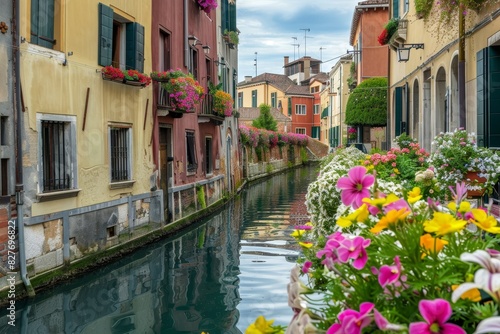 A tranquil canal lined with historic buildings generated by AI photo