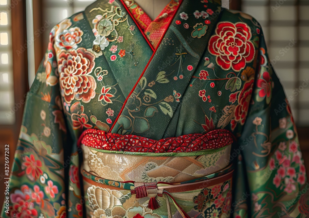 Japanese Geisha in an Exquisite Embroidered Green Kimono