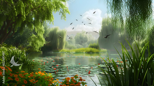 A tranquil pond surrounded by weeping willows and chirping birds