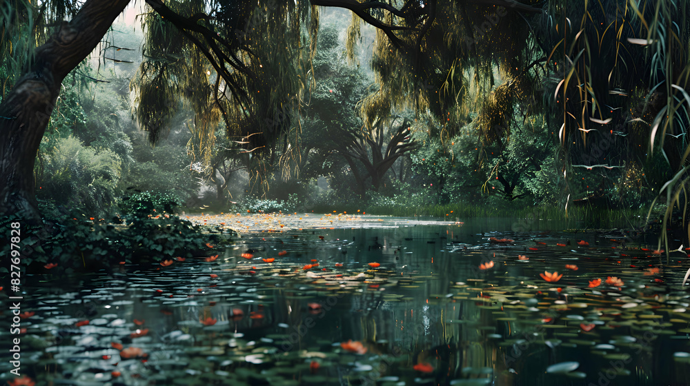 A tranquil pond surrounded by weeping willows and chirping birds A tranquil pond surrounded by weeping willows and chirping birds