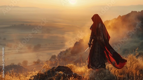 A figure clad in a flowing red cape and dark armor stands on a rocky outcrop, gazing at a landscape bathed in the golden light of dawn or dusk. The individual's face is not visible, but they hold a sw photo