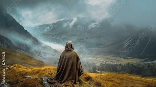 A solitary figure sits on the ground, cloaked in a brown hooded blanket, overlooking a sweeping valley surrounded by steep mountains. The scene is shrouded in a mist that hugs the slopes of the hills, photo