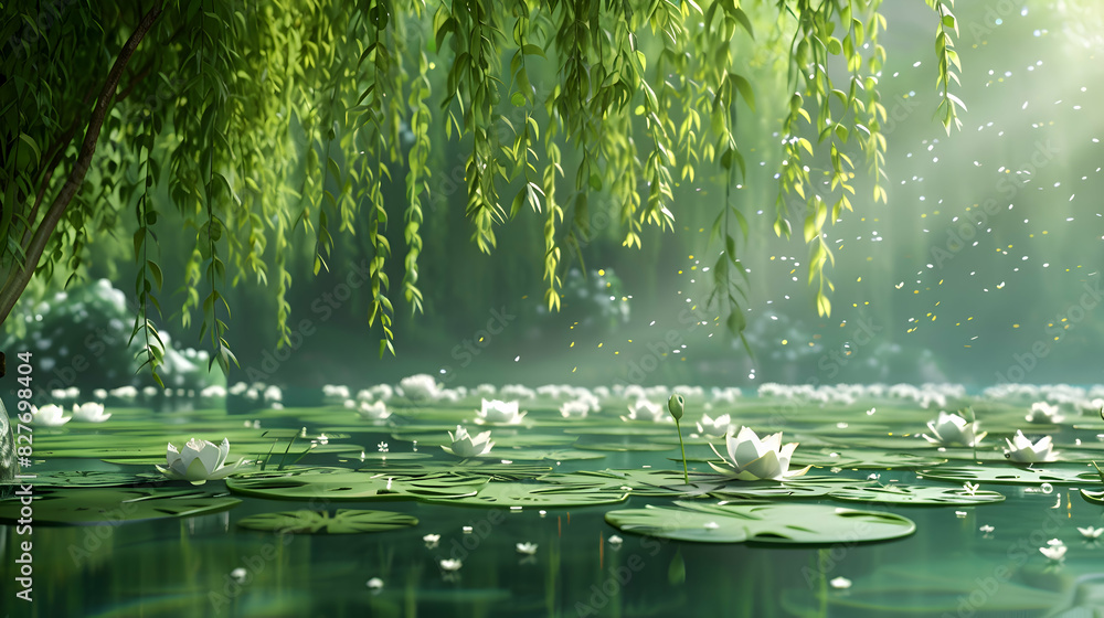 A tranquil pond surrounded by weeping willows and blooming water lilies A tranquil pond surrounded by weeping willows and blooming water lilies