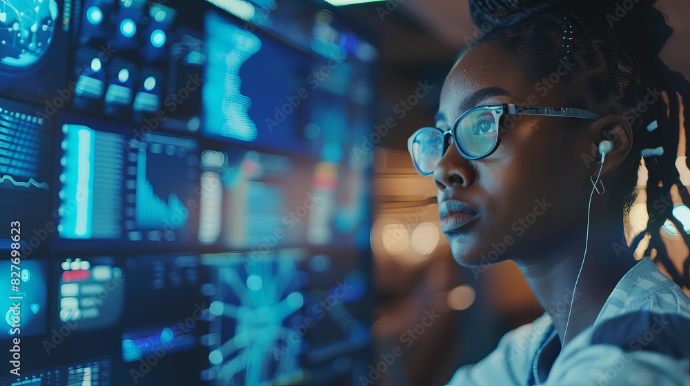 african american female it specialist analyzing cyber security threats with ai futuristic technology concept african american female it specialist analyzing cyber security threats with ai futuristic technology concept