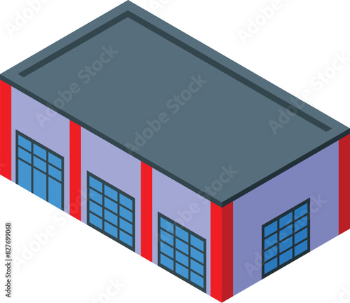 Isometric warehouse building illustration with modern architecture and industrial storage structure in vector format. Featuring flat roof design