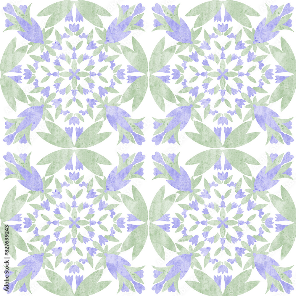Obraz premium seamless pattern of watercolor illustration in the style of Portuguese tiles illustration of azulejos in boho style, abstract green and purple on a white background floral motifs