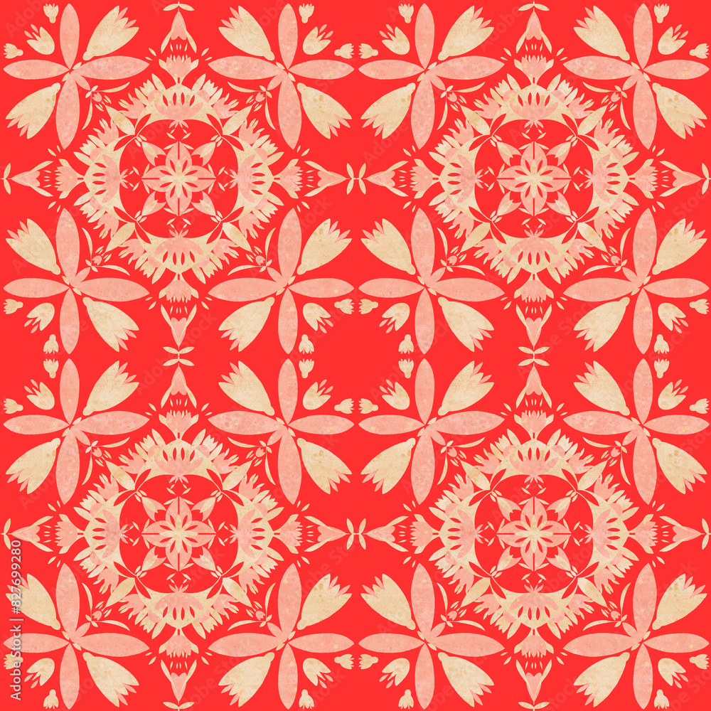 seamless pattern of watercolor illustration in the style of Portuguese tiles illustration of azulejos in boho style, abstract orange on a white red background floral motifs seamless pattern of watercolor illustration in the style of Portuguese tiles illustration of azulejos in boho style, abstract orange on a white red background floral motifs