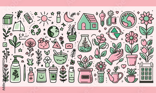 Sustainability graphic elements doodle, Cute elements like repurposed jars, flower, pots, and enviroment love, create an upcycling wonderland. Reduce, reuse, and doodles.