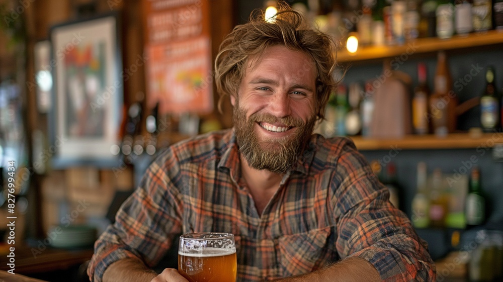 A joyful bearded man in a plaid shirt enjoys a glass of beer at a cozy bar. His bright smile and the warm. A joyful bearded man in a plaid shirt enjoys a glass of beer at a cozy bar. His bright smile and the warm.