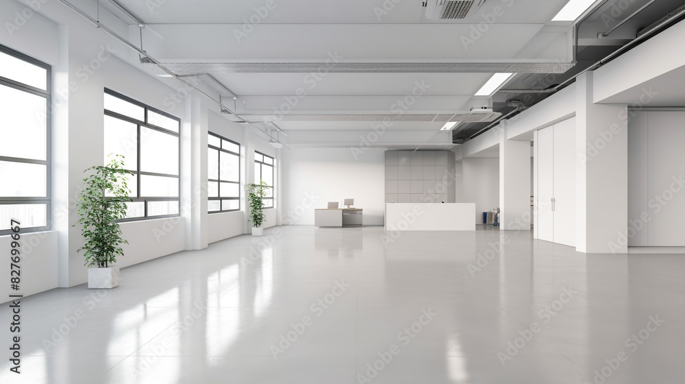 Illustration of glossy spacious well lit white interior with light reflections and copy space. Indoor background.
