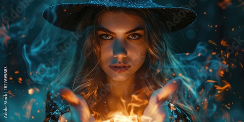 A beautiful young witch is casting a spell photo