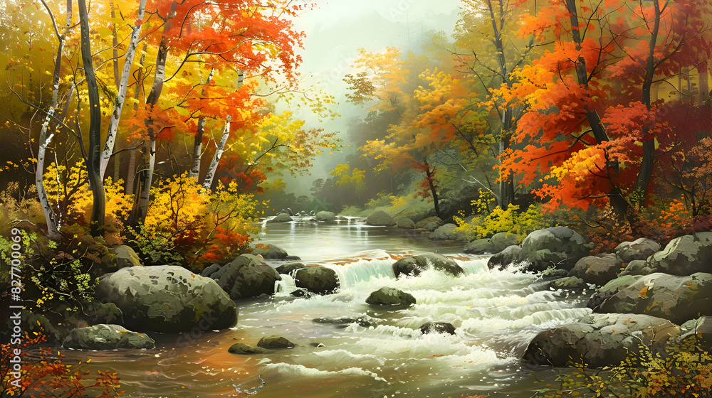 A tranquil river flowing through a peaceful forest with vibrant autumn colors A tranquil river flowing through a peaceful forest with vibrant autumn colors