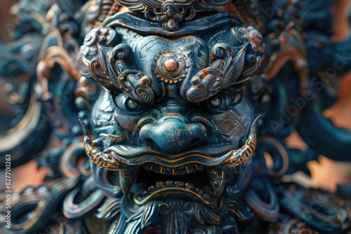 A close up of a weathered statue of a Foo Dog, a traditional Chinese guardian lion. photo