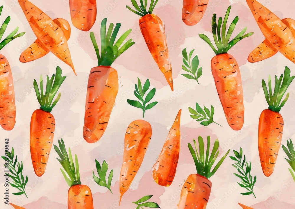 Watercolor carrots on a pink background seamless pattern illustration for kitchen decor and food blog designs Watercolor carrots on a pink background seamless pattern illustration for kitchen decor and food blog designs
