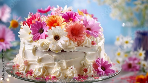 A festive birthday cake decorated with edible flowers and frosting swirls, a delightful centerpiece for the celebration. --ar 169 --v 6.0 - Image #2 @Pathaan_Zaib