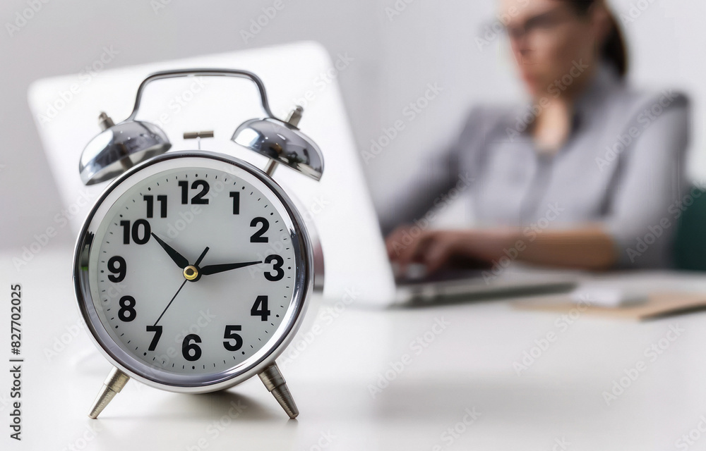 woman working with clock on office desk woman working with clock on office desk
