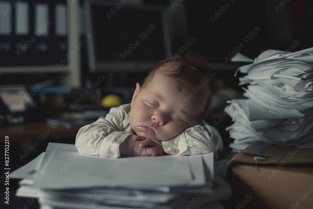 Baby sleeping on office documents, symbolizing hardworking and tired baby moments Baby sleeping on office documents, symbolizing hardworking and tired baby moments