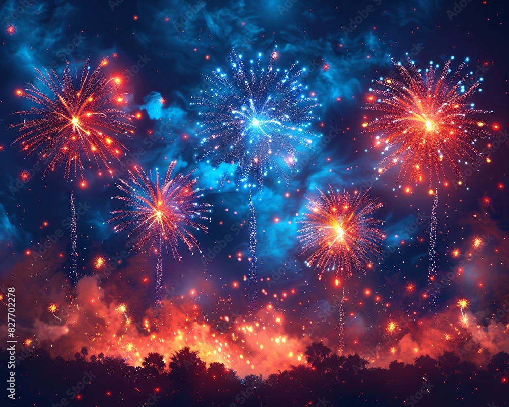 Fototapeta premium Happy independence day Fourth of July Greeting Cards with fireworks. Vintage Celebration With Sparklers And Defocused American Flag - USA memorial day. 