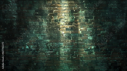 A grunge, dark green, and teal brick wall texture with glowing light effects, perfect for backgrounds, design projects, or art creations.