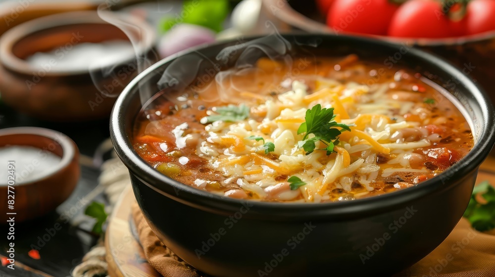 comforting steaming bowl of hearty soup with melted cheese topping appetizing food photography comforting steaming bowl of hearty soup with melted cheese topping appetizing food photography