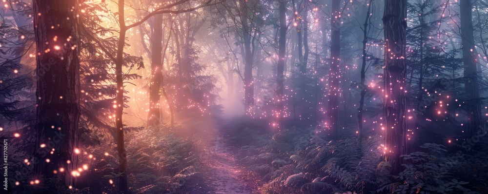 Naklejka premium Ethereal forest scene with glowing lights at sunset, creating a magical ambiance. Dreamy woodland landscape perfect for fantasy and nature themes.