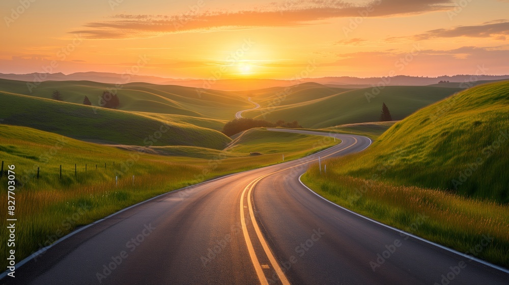 Road Through Golden Hills Under a Sunset Sky.