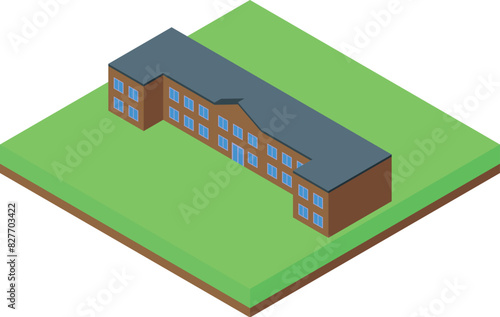 Colorful isometric illustration of a modern school building on a green square base