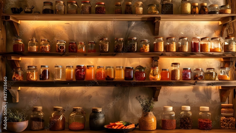 Rustic kitchen pantry shelves filled with preserved foods in jars. Concept Rustic Kitchen, Pantry Shelves, Preserved Foods, Jars, Home Decor Rustic kitchen pantry shelves filled with preserved foods in jars. Concept Rustic Kitchen, Pantry Shelves, Preserved Foods, Jars, Home Decor