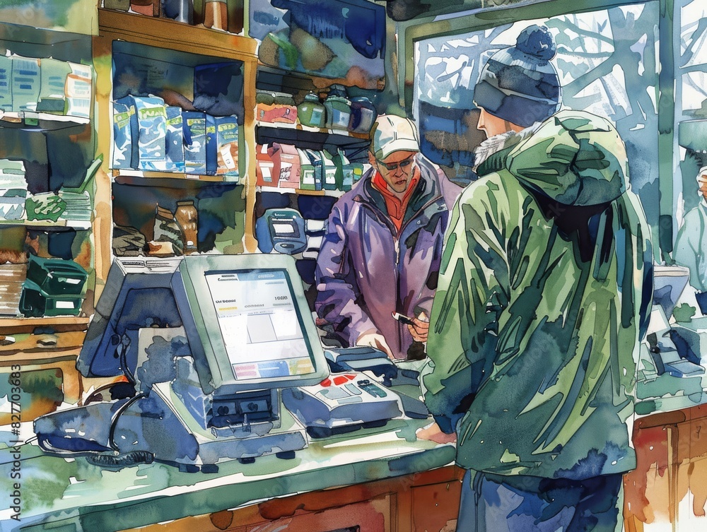 Checking out at the register, paying either with cash or tapping a phone, card, or watch. Checking out at the register, paying either with cash or tapping a phone, card, or watch.