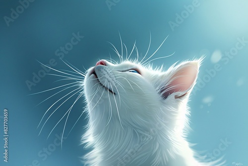 a white cat looking up photo