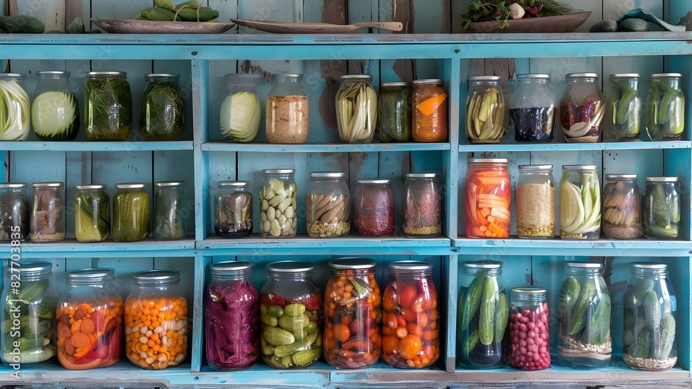 Preserving the art of pickling with vibrant jars of vegetables displayed on colorful shelves. Concept Pickling, Preserving, Food Art, Vibrant Display, Colorful Shelves
