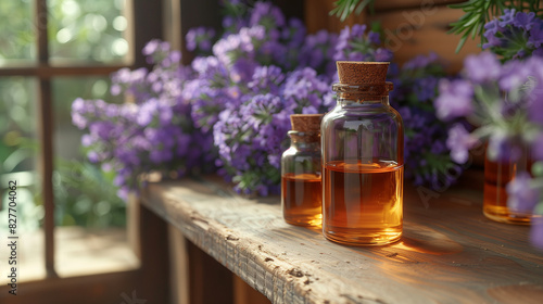 Bottles of essential oil sits on a wooden shelf next to purple flowers. Concept of relaxation and calmness for aromatherapy and alternative medicine. heathy essence of medicinal herb extract for spa. 