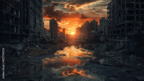 Apocalyptic Cityscape At Sunset With Ruined Buildings Reflecting In Water. Generative AI