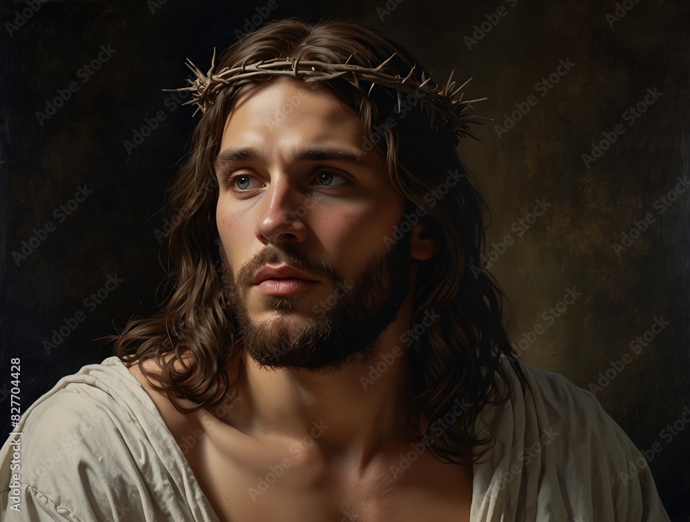 Dramatic portrait of a serious Jesus Christ with Crown of Thorns and expressive eyes, on a dark brown background. Dramatic portrait of a serious Jesus Christ with Crown of Thorns and expressive eyes, on a dark brown background.